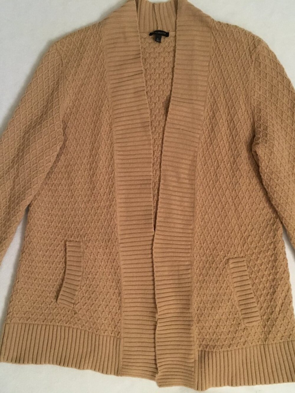 Talbots Women's Tan Open Cardigan Sweater Pockets Mock Neck Size Large